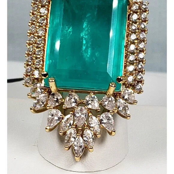 Signed Princess Doublet Natural Emerald with CZ 18KGL Size 9 Cocktail Ring - Picture 5 of 16